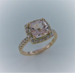 Cushion cut Morganite and diamond halo ring