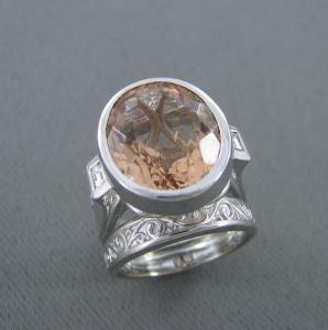 9ct White Gold with 17ct Morganite and Baguette Cut Diamonds