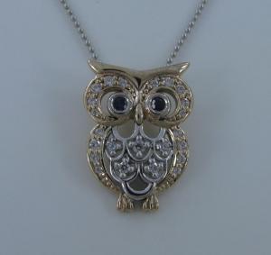 Sapphire and Diamond Gold Owl Pendant