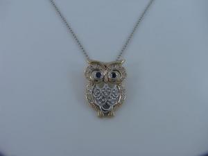 Sapphire and Diamond Gold Owl Pendant