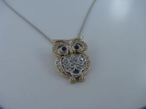 Sapphire and Diamond Gold Owl Pendant